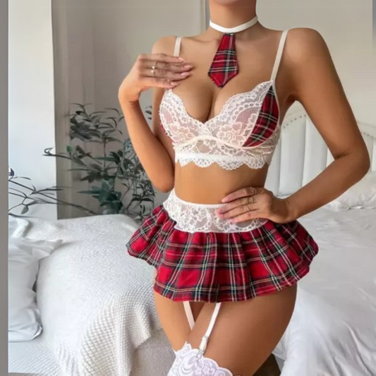 Class Act Schoolgirl Costume Plaid & Lace Cosplay Lingerie Set