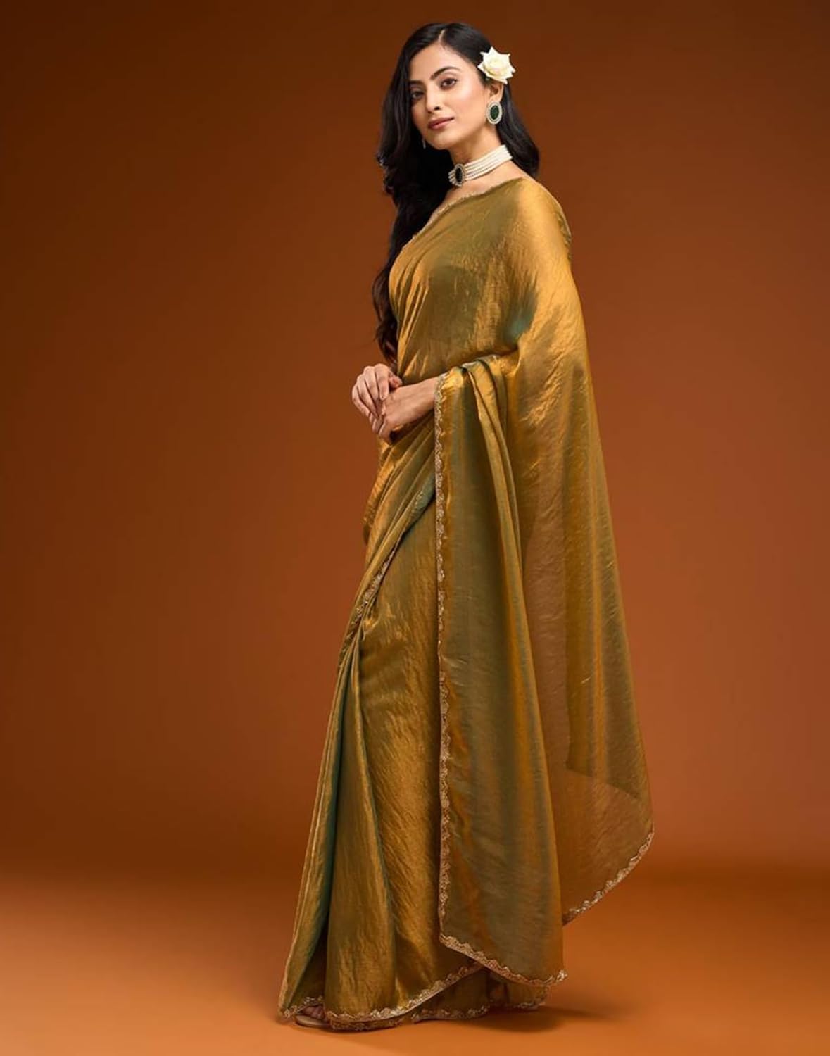 GShimmer Dual Tone Chiffon Saree with Gold Lace Border & Unstitched Blouse Piece Elegant Designer Ethnic Wear