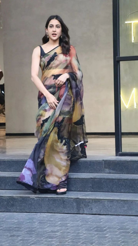 Premium Pure Jimmy Organza Silk Saree Digital Floral Print | Lightweight & Elegant