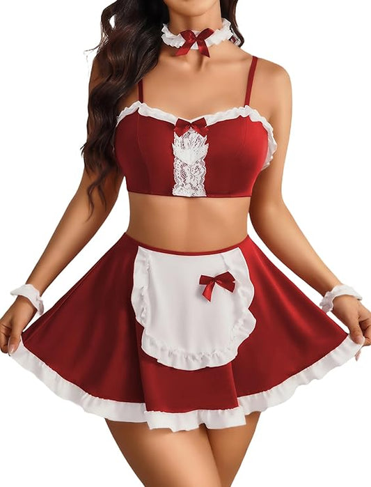 French Maid Lingerie Set Ruffle Cosplay Costume with Headpiece