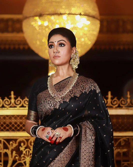 Dreamy Black Banarasi Silk Saree with Soft Finish & Matching Designer Blouse