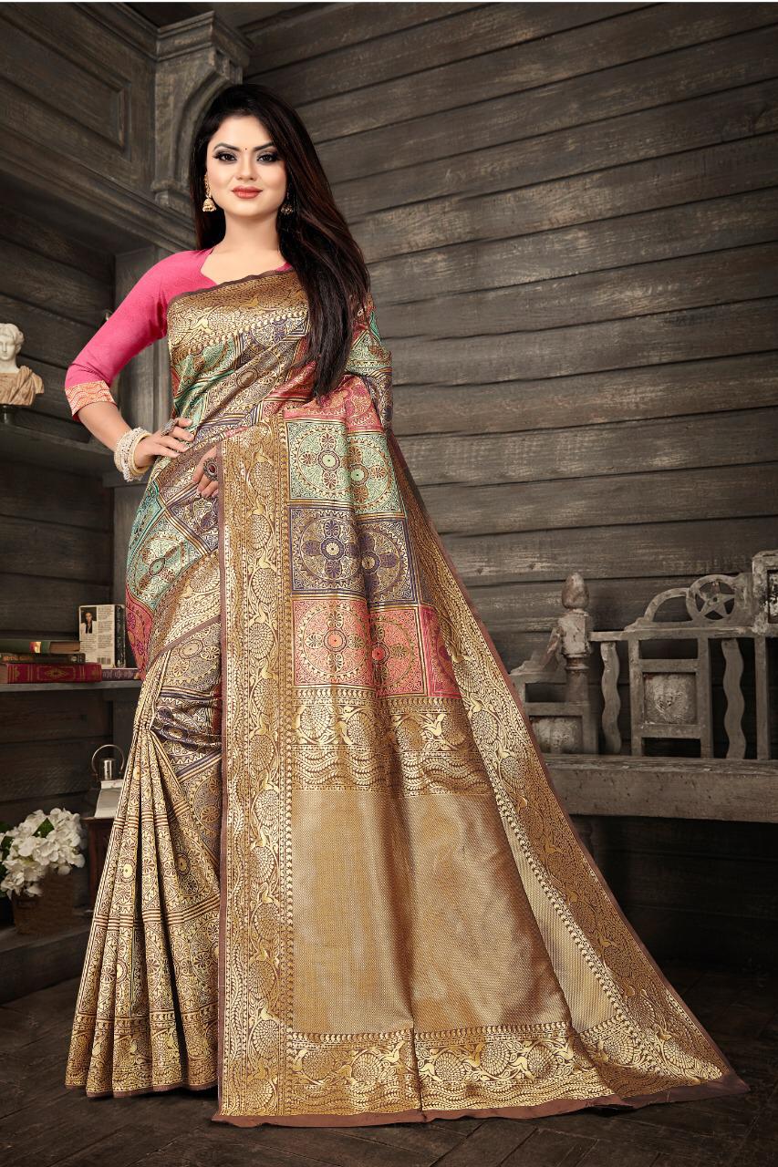 Nemesis Beige Banarasi Silk Saree with Soft Texture & Fancy Blouse Piece Elegant Traditional Indian Wear
