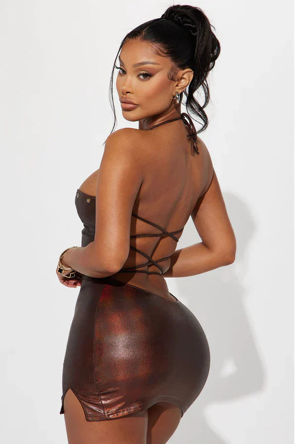 Ashlyn Metallic Lace-Up Mini Dress – Sexy Bodycon Clubwear