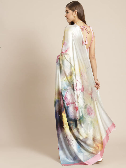 Elegant Women's Digital Floral Print Satin Saree Lightweight, Stylish & Vibrant Indian Ethnic Wear