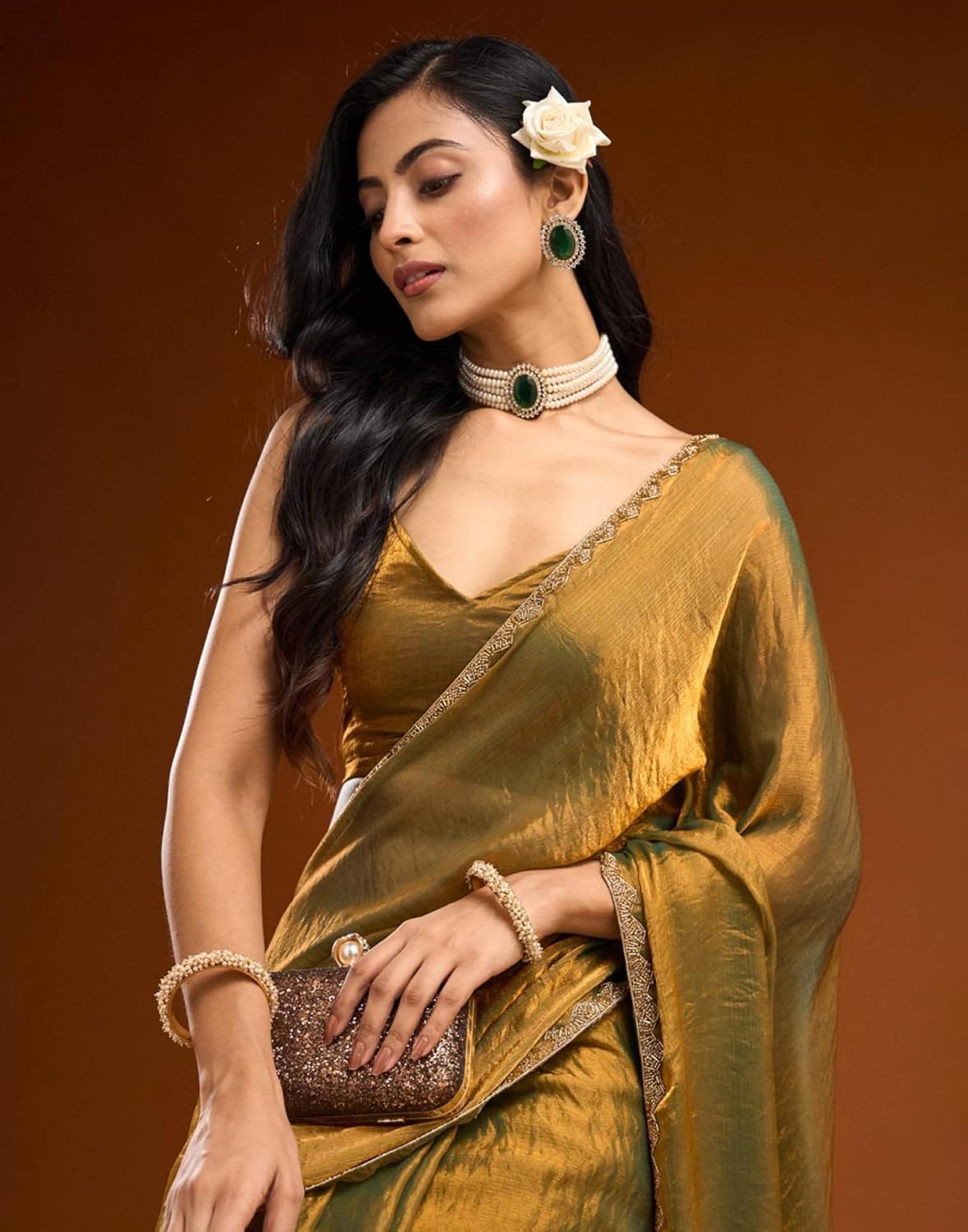 GShimmer Dual Tone Chiffon Saree with Gold Lace Border & Unstitched Blouse Piece Elegant Designer Ethnic Wear