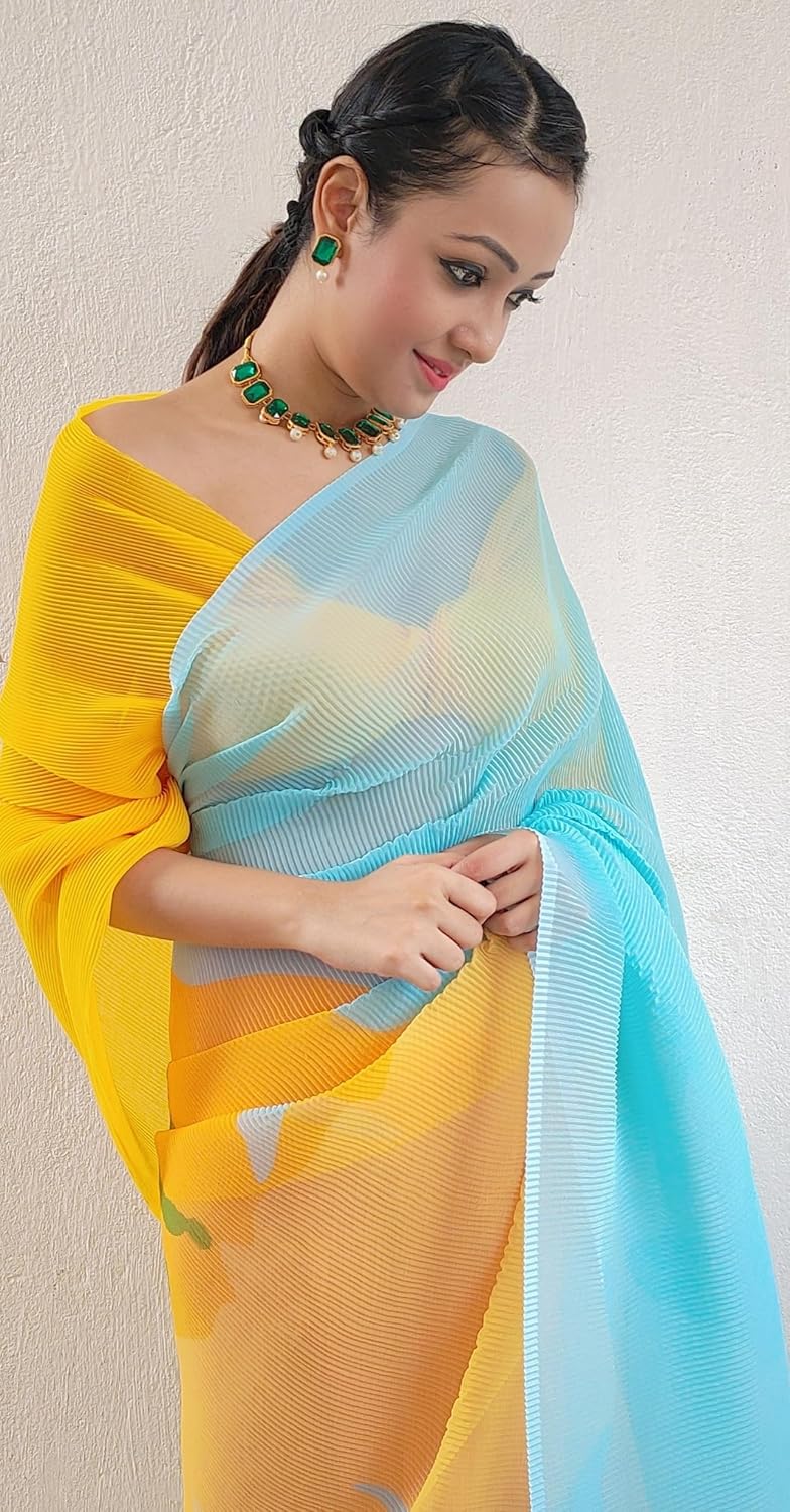 Women's Pure Georgette Saree  Full Crushed Digital Print with Unstitched Blouse Piece