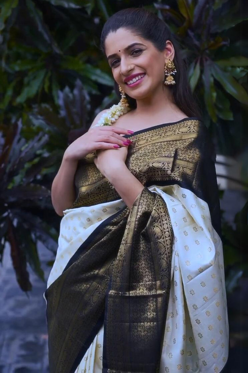 Petrichor Off White Soft Silk Saree with Premium Surpassing Blouse Piece Elegant Traditional Indian Wea