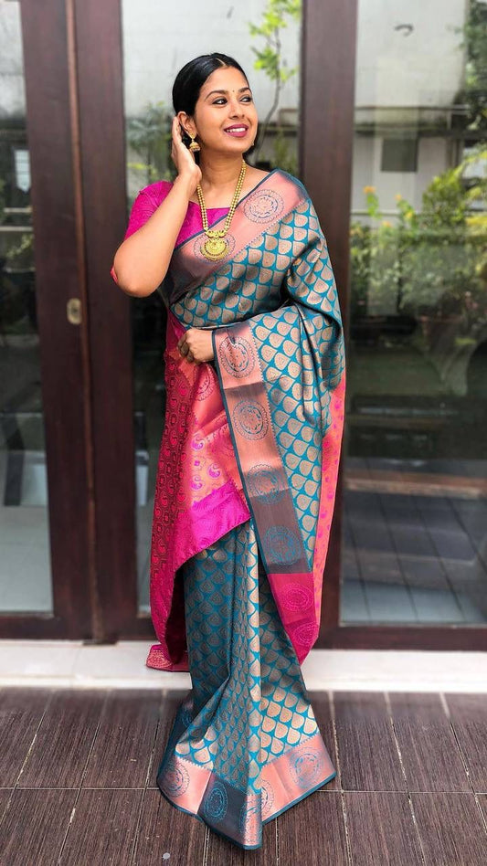 Gleaming Banarasi Soft Silk Saree with Zari Work & Matching Designer Blouse Piece