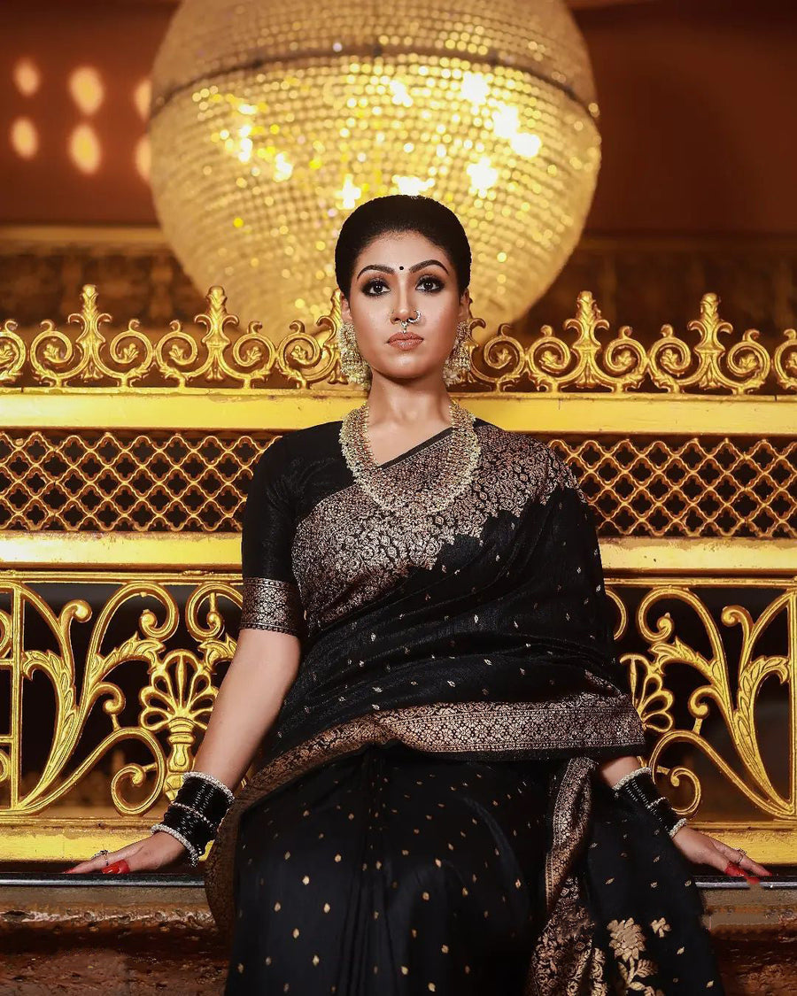 Dreamy Black Banarasi Silk Saree with Soft Finish & Matching Designer Blouse