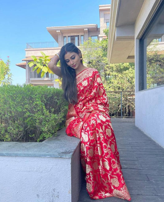 Elegant Red Banarasi Silk Saree with Shimmering Blouse Piece Soft, Traditional Indian Ethnic Wear