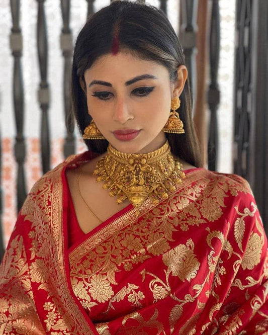Elegant Red Banarasi Silk Saree with Shimmering Blouse Piece Soft, Traditional Indian Ethnic Wear