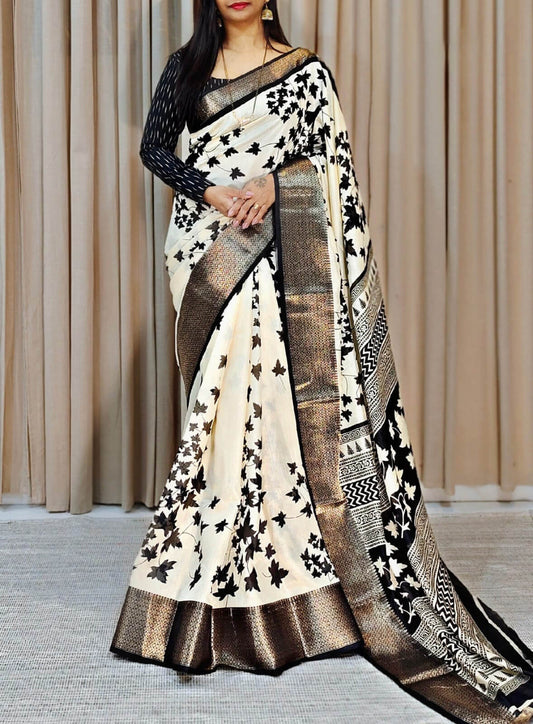 Elegant Off-White Digital Printed Soft Silk Saree with Blouse Piece Designer Festive & Party Wear